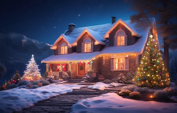 Зима, снег, украшения, ночь, lights, дом, елка, colorful