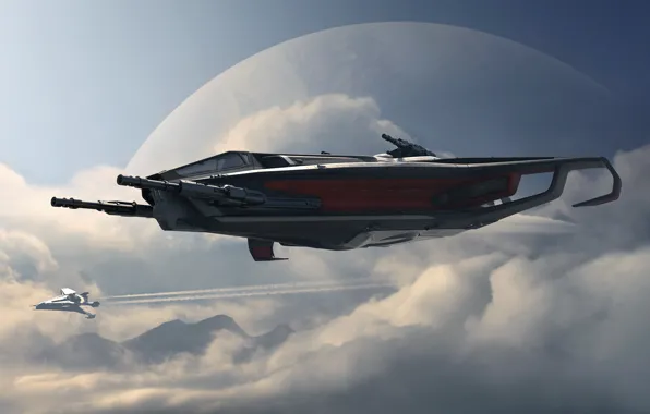 Облака, полет, звездолет, Star Citizen, Anvil Hurricane