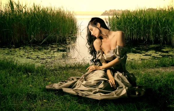 Картинка девушка, природа, старина, озеро, платье, красавица, средневековье