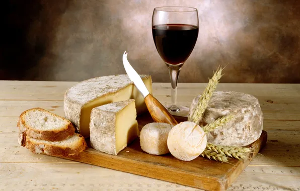 Картинка пшеница, вино, красное, бокал, сыр, хлеб, нож, колосья