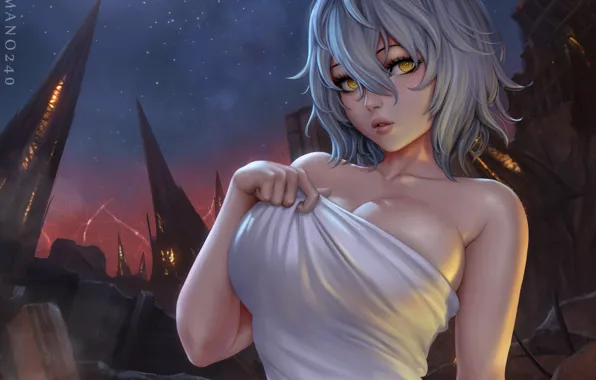Девушка, ночь, луна, полотенце, sciamano240, code vein