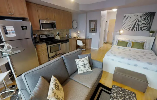 Дизайн, интерьер, кухня, The Bachelor Apartment, мини-спальня, мини-гостиная, мини-столовая, Холостяцкая квартира