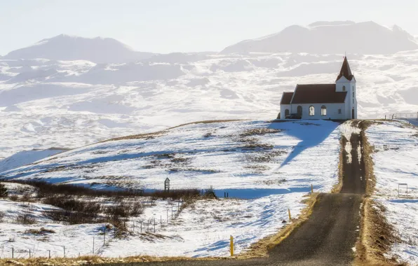 Картинка дорога, снег, церковь, Исландия, Iceland