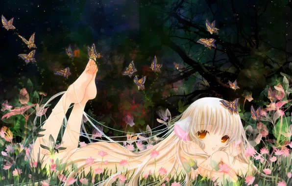 Girl, sexy, ass, long hair, anime, flowers, beautiful, pretty