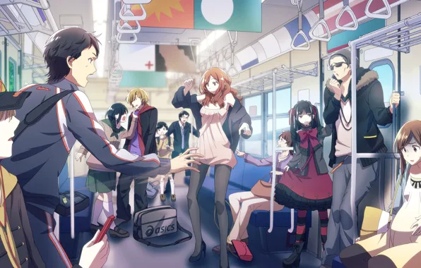 Картинка метро, девушки, аниме, наушники, арт, очки, вагон, кепка