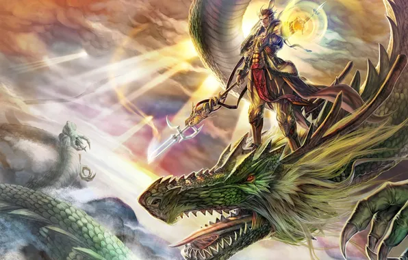 Картинка магия, дракон, арт, парень, в небе, иллюстрация, B.c.N.y., Xuan Yuan Kingdom
