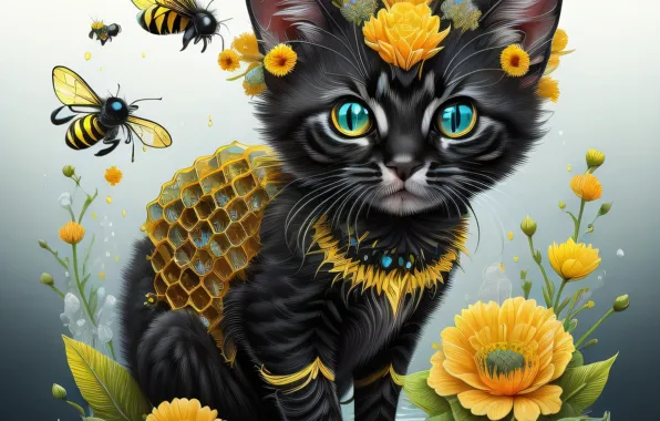 Кошка, лето, глаза, кот, взгляд, цветы, стиль, котенок