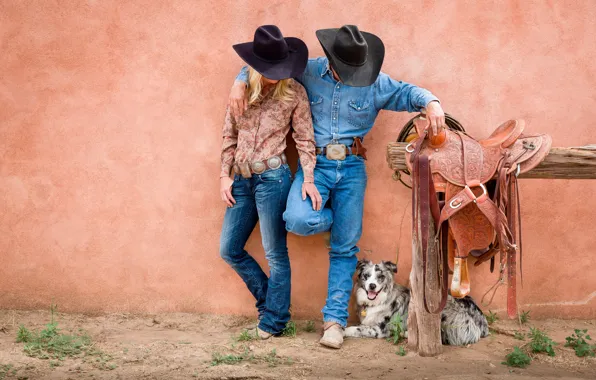 Картинка woman, dog, man, cowboys, saddle