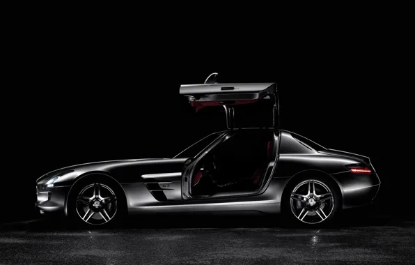 Картинка черный, Mercedes, вид сбоку, AMG SLS63