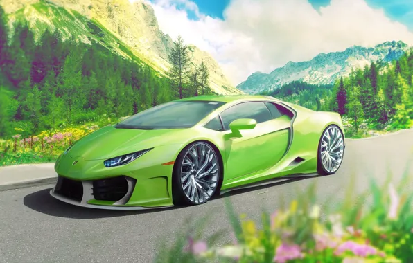 Авто, Lamborghini, Зеленый, Машина, Суперкар, Рендеринг, Спорткар, Huracan