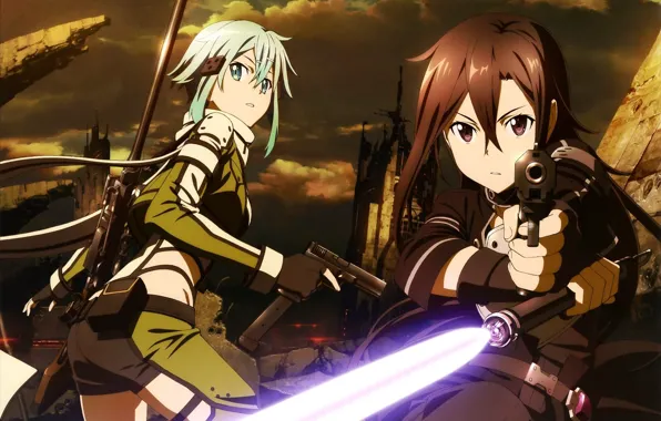 Пистолет, руины, парень, винтовка, голубые волосы, art, Sword Art Online, Kirito