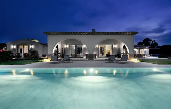 Франция, вилла, вечер, бассейн, освещение, терраса, luxury villa, Сен-Тропе