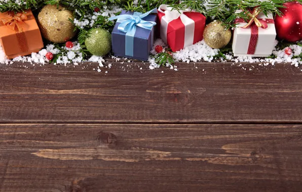 Шары, Новый Год, Рождество, wood, snow, merry christmas, decoration, gifts
