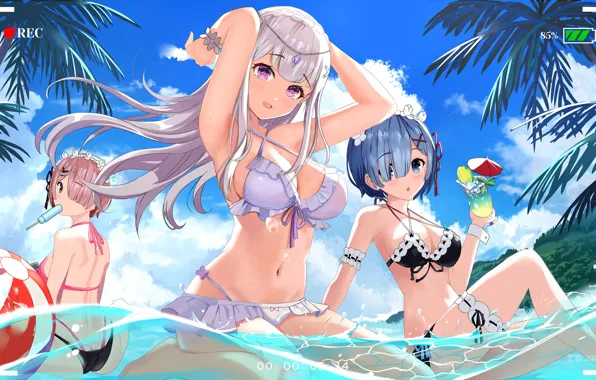 Sexy, ass, wet, cleavage, beach, pink hair, sky, long hair