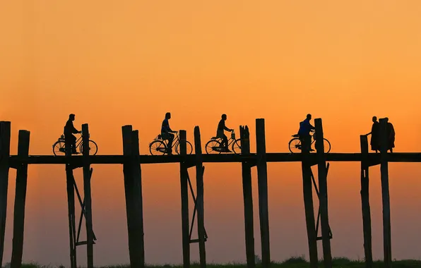 Велосипед, люди, силуэт, Мьянма, мост Убэйн, озеро Тангтаман, Мандалай, Амарапура