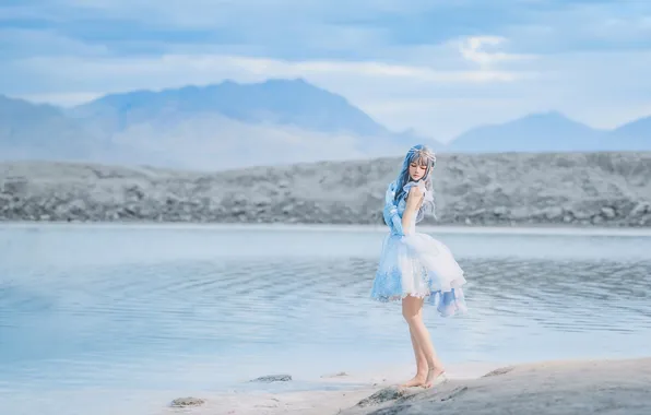 Beautiful, Asian, Model, Water, Mountain, Cloudy, Pearls, Woman