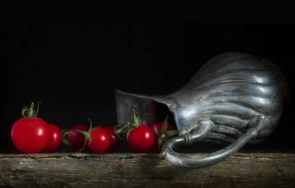 Металл, доски, красные, кувшин, черный фон, натюрморт, помидоры, томаты