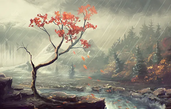 Картинка осень, лес, деревья, река, дождь, берег, арт