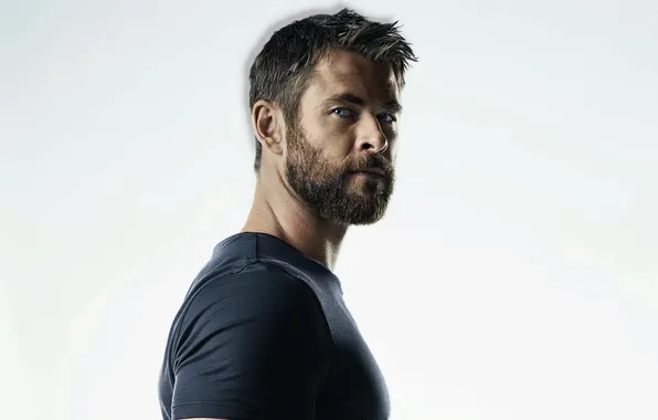 Взгляд, портрет, футболка, белый фон, борода, актёр, Крис Хемсворт, Chris Hemsworth