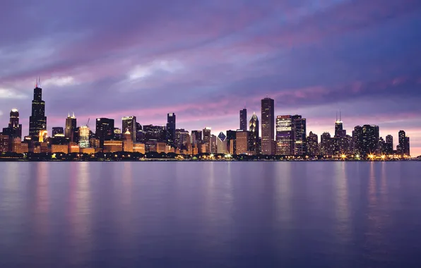 Картинка закат, огни, здания, Chicago, небоскрёбы