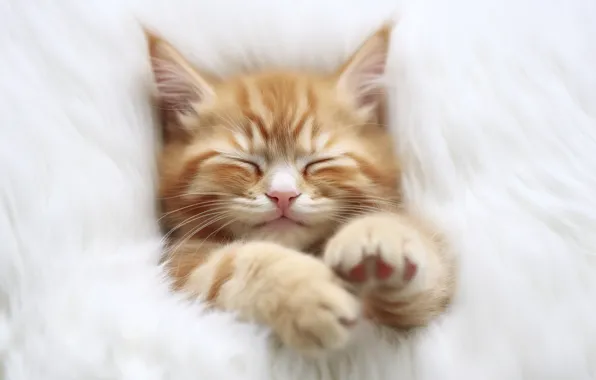 Кошка, белый, поза, уют, котенок, тепло, фон, сон