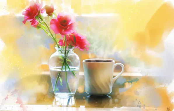 Цветы, кофе, розы, чашка, ваза, живопись