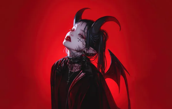 Art, Devil, Anime, Tattoo, Demon, Red Lips, Wings, Horn