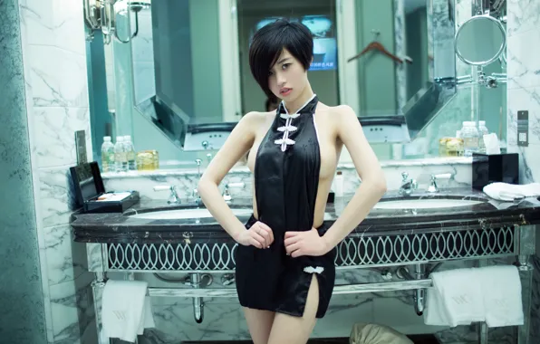 Asian, Model, pretty, Woman, Mirror, Shorthair