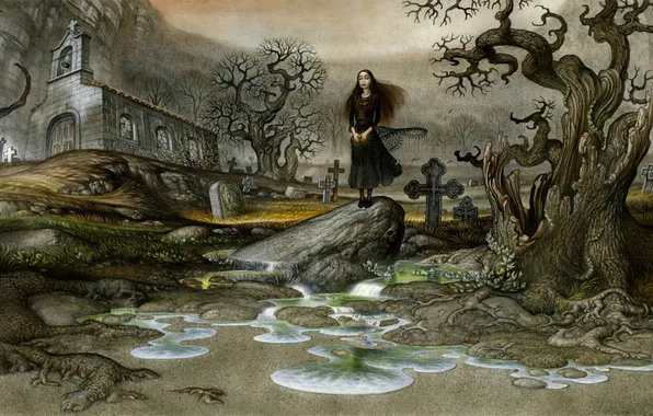 Картинка девушка, деревья, озеро, кресты, могилы, кладбище, церквушка, Lake of Tears