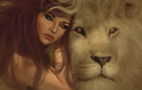 Картинка взгляд, девушка, лицо, волосы, лев