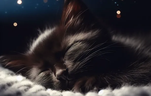 Кошка, котенок, черный, сон, мордашка, сит, ИИ-арт, нейросеть