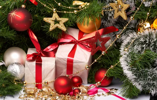 Шарики, украшения, ленты, шары, игрушки, блестки, Новый Год, Рождество