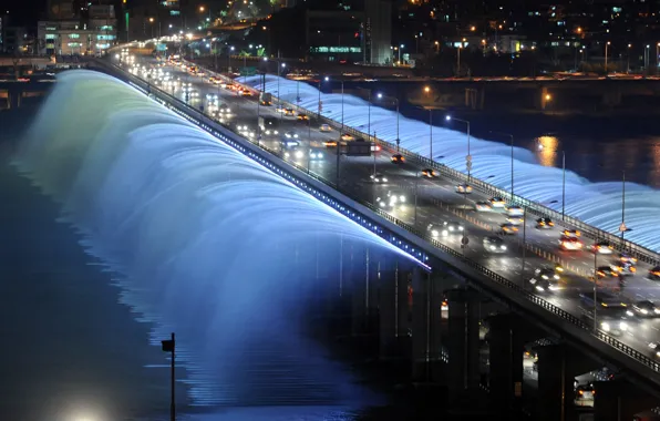 Ночь, мост, огни, фонтан, Seoul, Южная Корея, Rainbow fountain