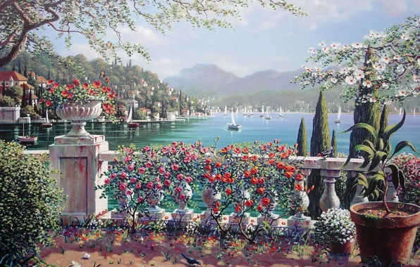 Цветы, город, озеро, розы, Италия, парус, живопись, Italy