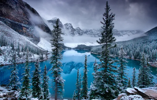 Лед, снег, горы, озеро, ель, Канада, Canada, Moraine Lake