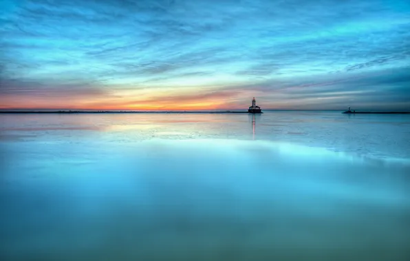 Картинка море, закат, маяк