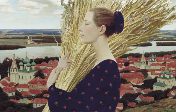 Картинка река, женщина, сено, городок, хворост, храмы, 1992, Андрей РЕМНЁВ