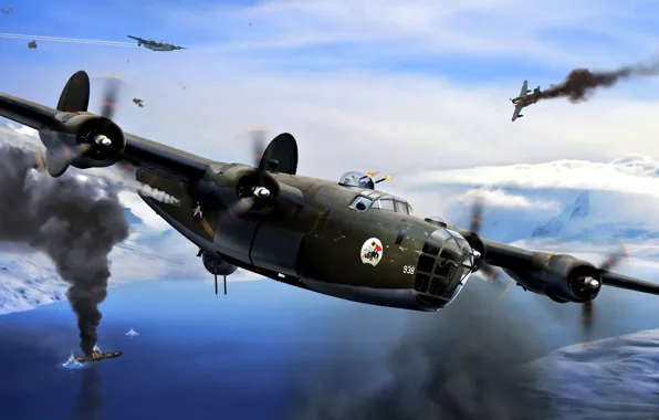 Рисунок, бомбардировщик, американский, USAF, тяжёлый, массовый, Liberator, Consolidated