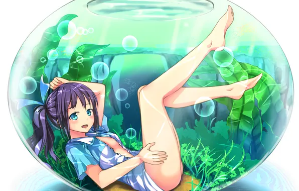 Вода, девушка, водоросли, улыбка, аквариум, аниме, арт, yan