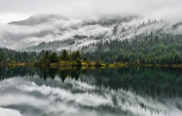 Картинка облака, деревья, горы, озеро, отражение, зеркало, сосны