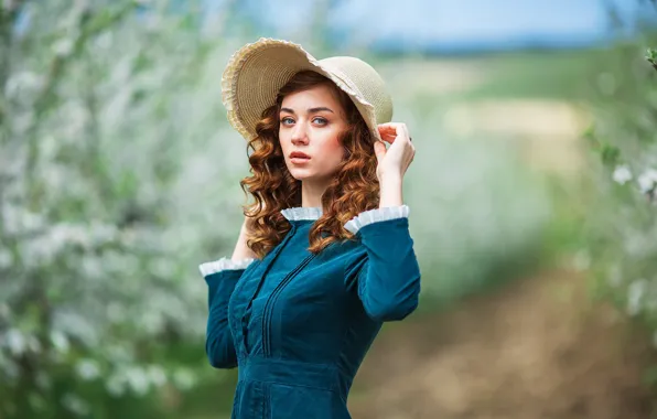 Взгляд, девушка, поза, волосы, шляпа, платье, Настя, Бармина Анастасия