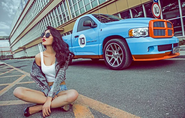 Машина, авто, девушка, модель, азиатка, автомобиль, Dodge Ram, korean model