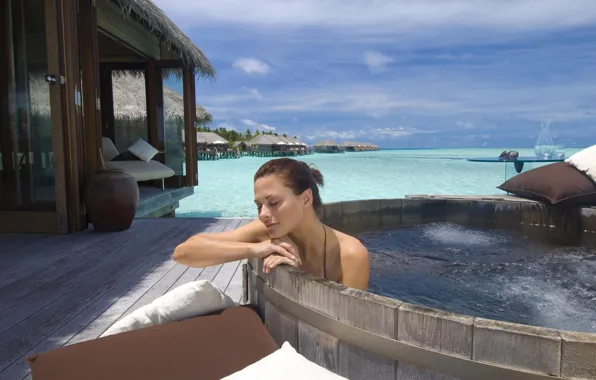 Море, небо, девушка, бассейн, брюнетка, Girl, pool, бунгало