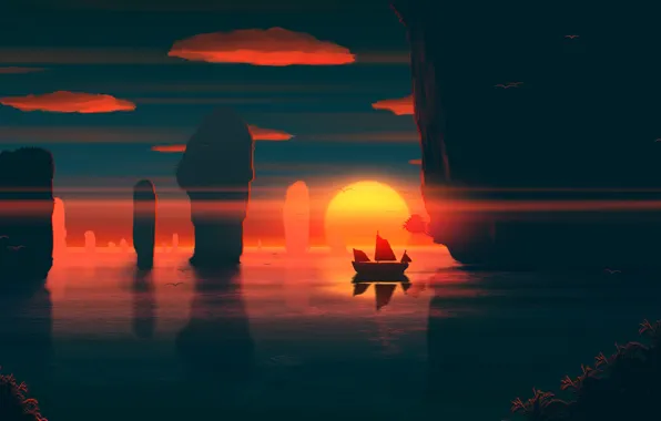 Закат, Солнце, Море, Горы, Восход, Скалы, Скала, Корабль
