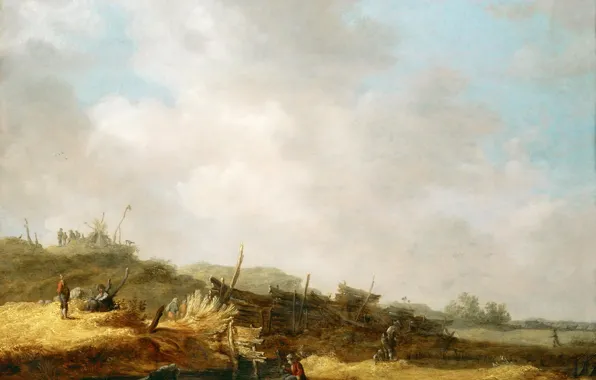 Картинка пейзаж, ручей, люди, холмы, картина, Jan van Goyen, Landscape with Dunes