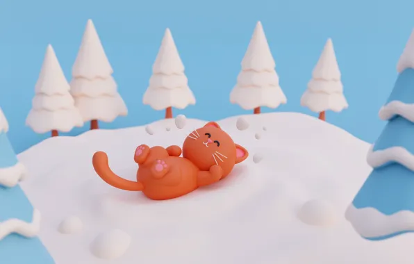Зима, лес, кошка, кот, снег, рендеринг, котик, киска
