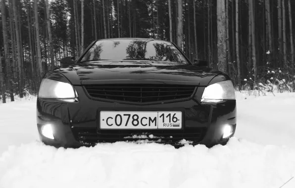 Лес, снег, черный, седан, приора, priora