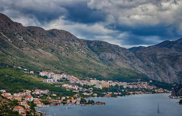 Sea, mountains, village, boat, bay, Croatia, Ragusa