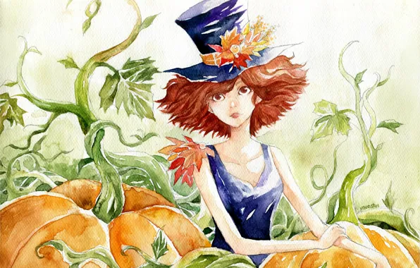 Листья, рисунок, шляпа, акварель, тыквы, рыжая, art, Menstos