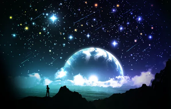 Картинка море, небо, звезды, облака, ночь, человек, планета, силуэт